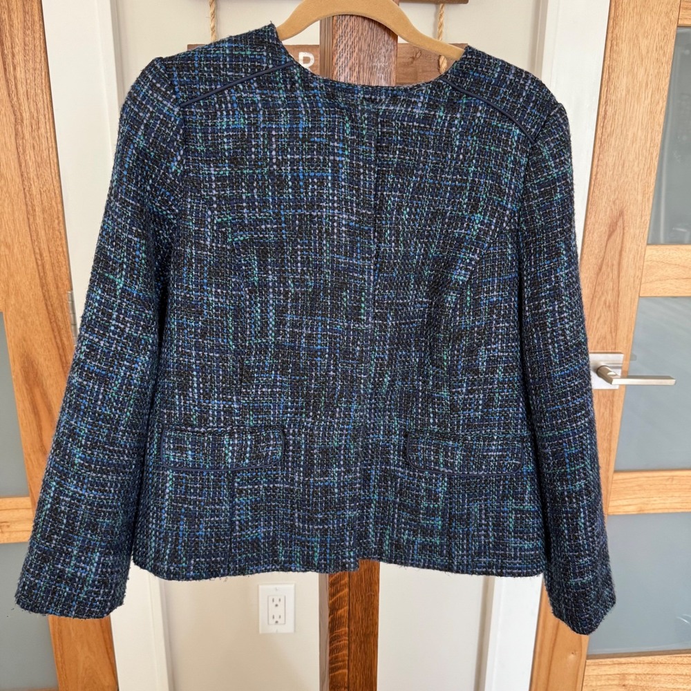 Talbots Blue Tweed Jacket Collarless Old Money Career Granny Blazer WM's 14P EUC
